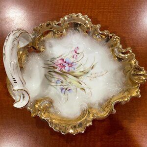 ANTIQUE DRESDEN FLORAL DISPLAY BOWL OR SERVING BOWL WITH HANDLE - GORGEOUS!